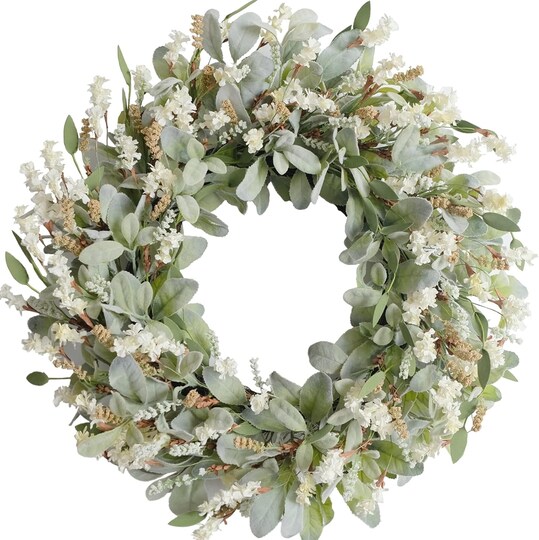 Citrus; 24 Inch Ivory Flower Wreath for Front Door, Spring Summer Lambs Ear Greenery Wreath, Rustic Farmhouse Floral Wreath for Indoor Outdoor Wall Window Wedding Decoration; Category:Summer Floral Wreaths & Garlands; Image:1